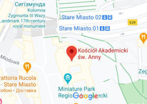 Розташування Костелу Святої Анни у Варшаві на карті