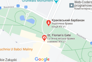 Розташування Флоріанських воріт і Барбакана на карті