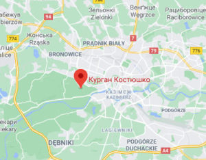 Розташування Кургану Костюшка у Кракові на карті