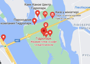 Розташування Гідропарку у Києві  на карті